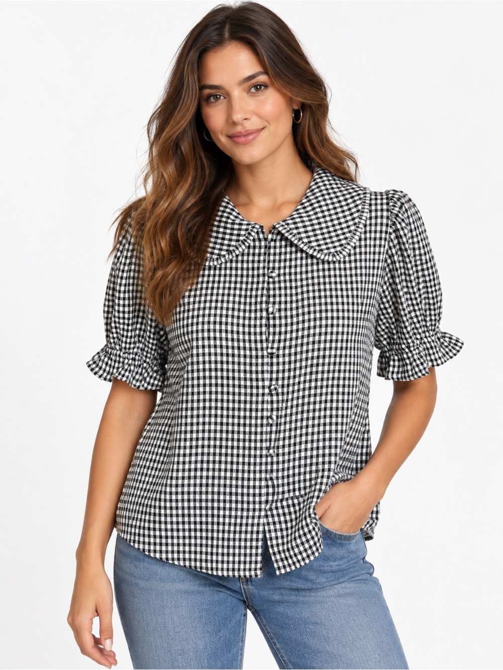 Jane and Delancey black white Gingham button down shirt Peter Pan collar SMALL